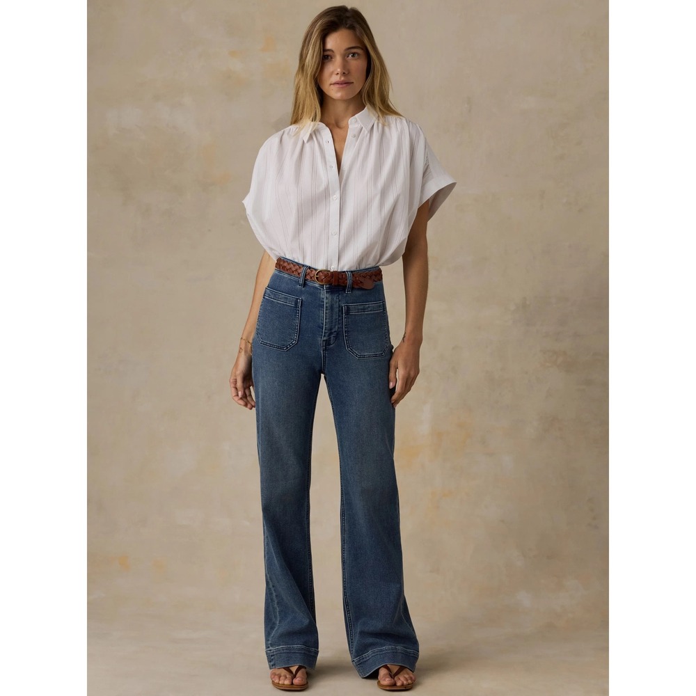 Faherty Stretch Terry Patch Pocket Pant Wide Leg Jeans Sz 27 Blue High Rise Chic